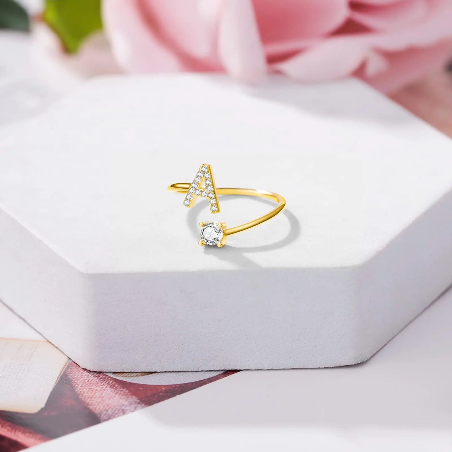 Initial Letter Ring for Women Girls Gold Stackable Alphabet Rings with Initial Adjustable Crystal Inlaid Initial Rings