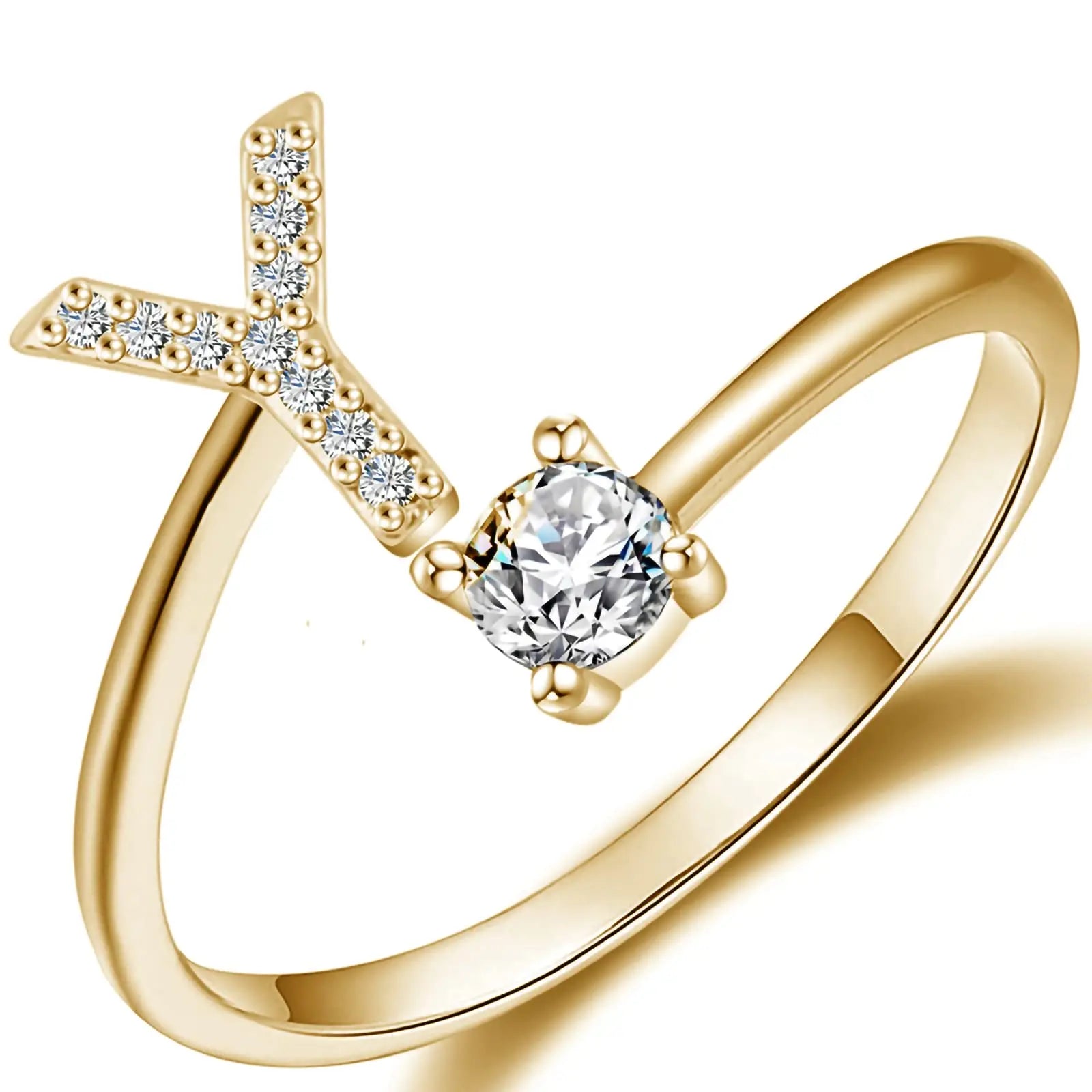 Initial Letter Ring for Women Girls Gold Stackable Alphabet Rings with Initial Adjustable Crystal Inlaid Initial Rings