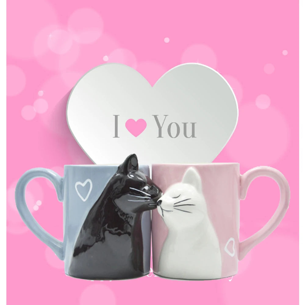 2Pcs 3D Cat Cup Stereo Cat Couple Ceramic Mug Pink and Blue Cat Kiss Cat to Mugs Valentine'S Day Gift Marriage Housewarming