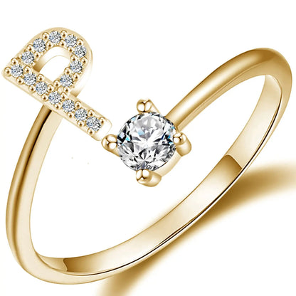 Initial Letter Ring for Women Girls Gold Stackable Alphabet Rings with Initial Adjustable Crystal Inlaid Initial Rings
