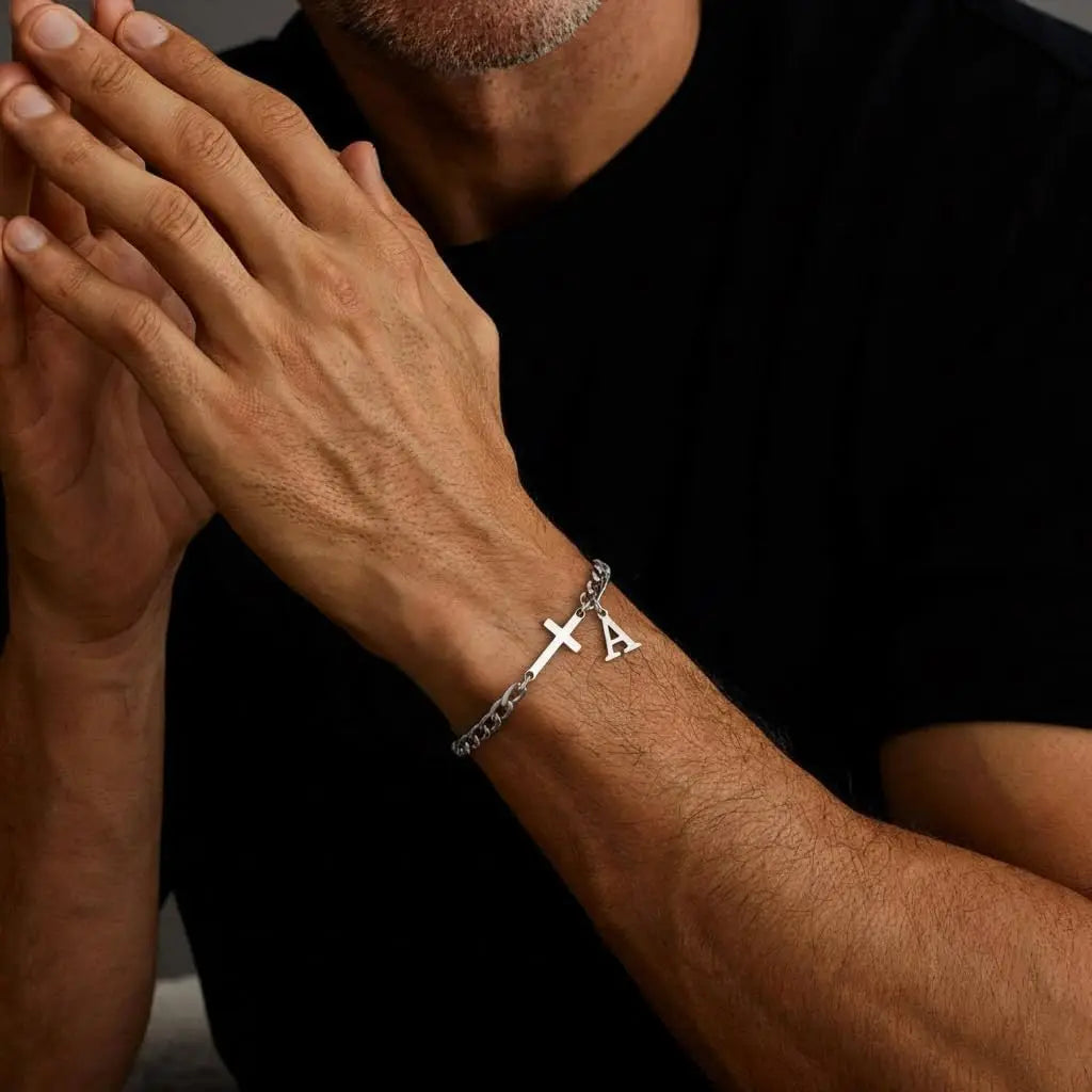 Men Cross Cuban Chain Bracelets for Men Initial A-Z Faith Cross Bracelets, Stainless Steel Initial Bracelet Religious Jewelry