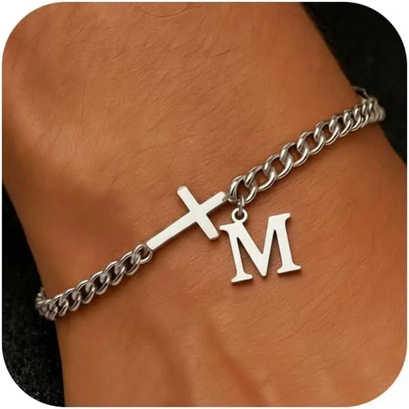 Men Cross Cuban Chain Bracelets for Men Initial A-Z Faith Cross Bracelets, Stainless Steel Initial Bracelet Religious Jewelry