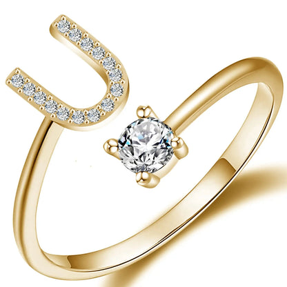 Initial Letter Ring for Women Girls Gold Stackable Alphabet Rings with Initial Adjustable Crystal Inlaid Initial Rings