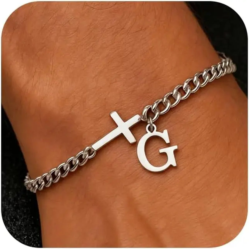 Men Cross Cuban Chain Bracelets for Men Initial A-Z Faith Cross Bracelets, Stainless Steel Initial Bracelet Religious Jewelry