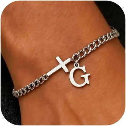 Men Cross Cuban Chain Bracelets for Men Initial A-Z Faith Cross Bracelets, Stainless Steel Initial Bracelet Religious Jewelry