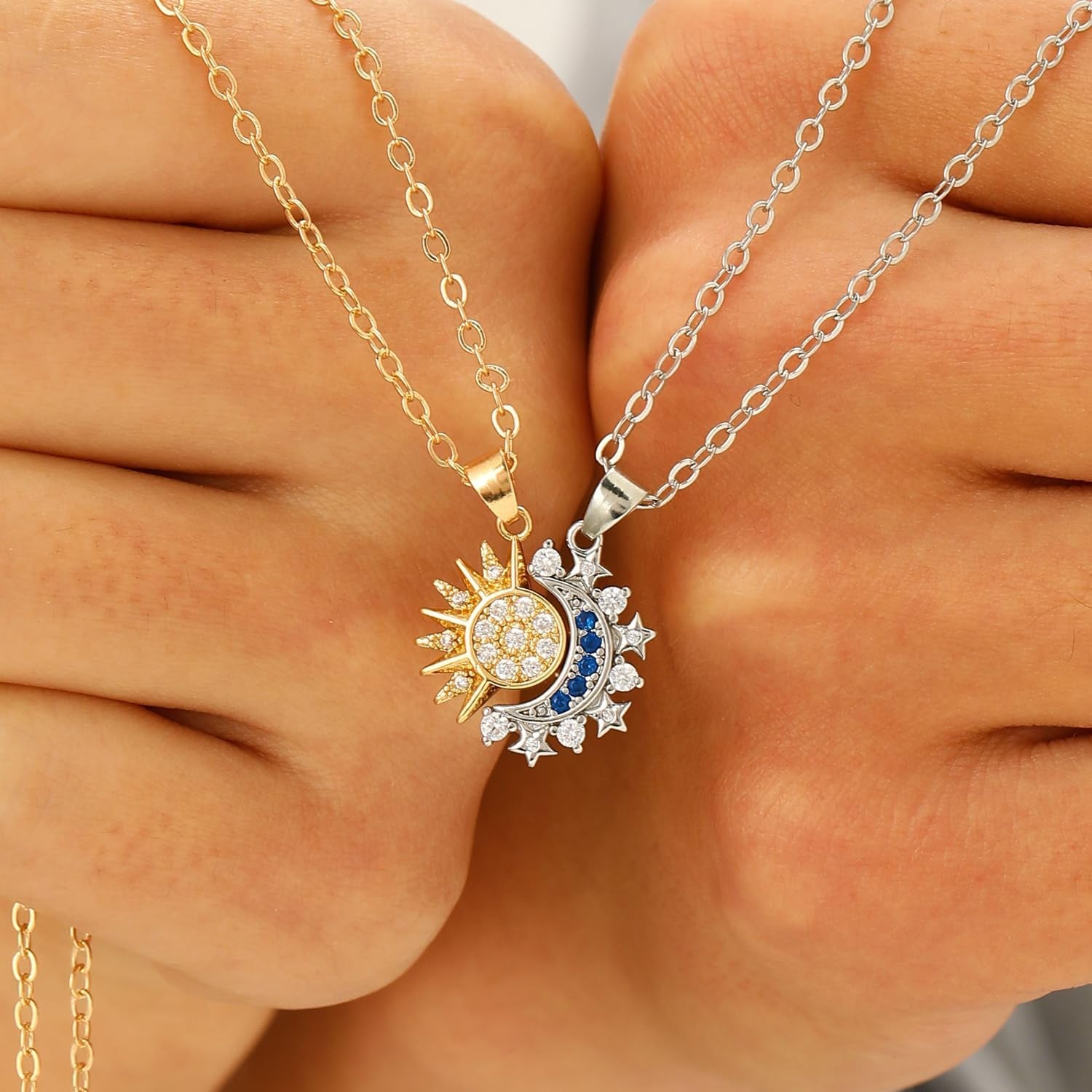 Sun Moon Necklace Set Stackable Necklace for Women Men Sparkling Gold Silver Rhinestone Sun Pendant Necklace Couple Necklaces Matching Necklaces as Friendship Best Friend Jewelry for Women Men