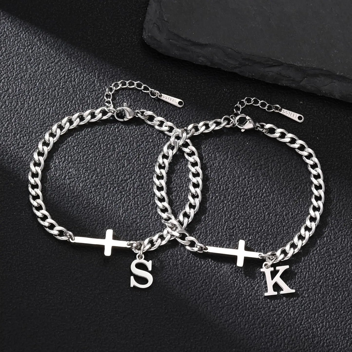 Men Cross Cuban Chain Bracelets for Men Initial A-Z Faith Cross Bracelets, Stainless Steel Initial Bracelet Religious Jewelry