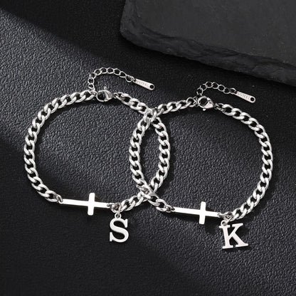Men Cross Cuban Chain Bracelets for Men Initial A-Z Faith Cross Bracelets, Stainless Steel Initial Bracelet Religious Jewelry