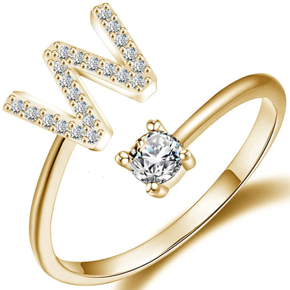 Initial Letter Ring for Women Girls Gold Stackable Alphabet Rings with Initial Adjustable Crystal Inlaid Initial Rings