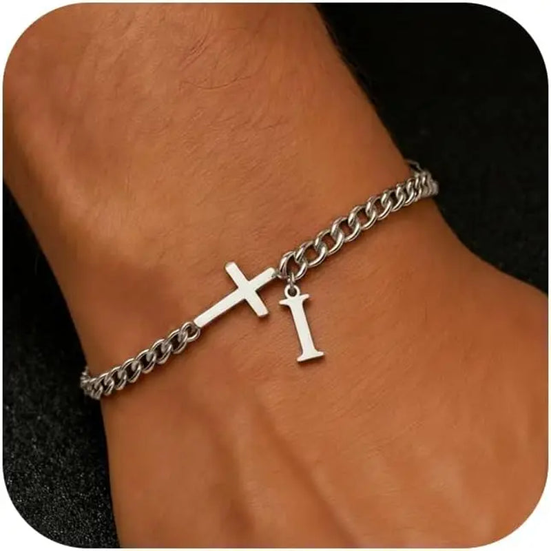 Men Cross Cuban Chain Bracelets for Men Initial A-Z Faith Cross Bracelets, Stainless Steel Initial Bracelet Religious Jewelry