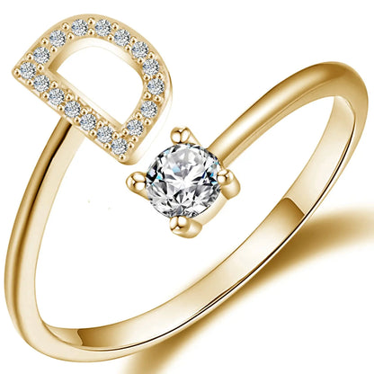 Initial Letter Ring for Women Girls Gold Stackable Alphabet Rings with Initial Adjustable Crystal Inlaid Initial Rings