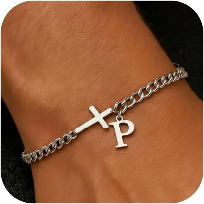 Men Cross Cuban Chain Bracelets for Men Initial A-Z Faith Cross Bracelets, Stainless Steel Initial Bracelet Religious Jewelry
