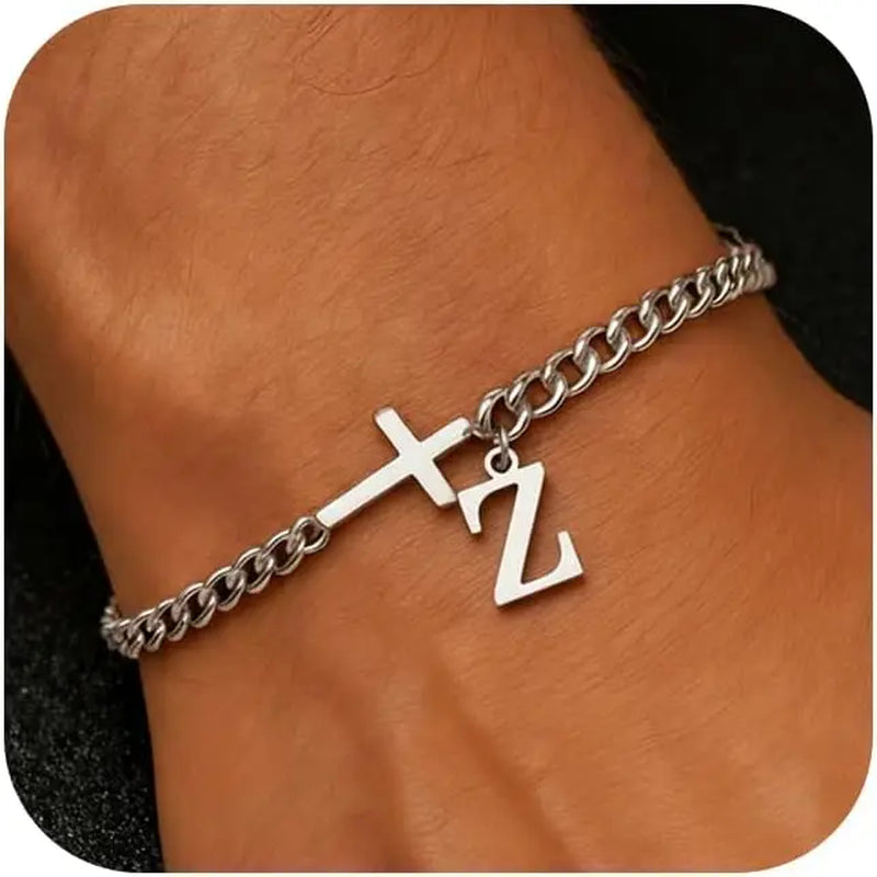 Men Cross Cuban Chain Bracelets for Men Initial A-Z Faith Cross Bracelets, Stainless Steel Initial Bracelet Religious Jewelry