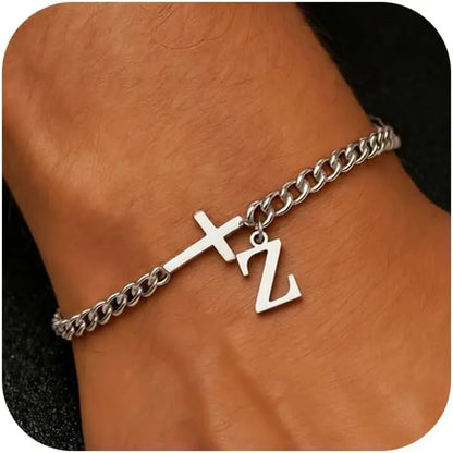 Men Cross Cuban Chain Bracelets for Men Initial A-Z Faith Cross Bracelets, Stainless Steel Initial Bracelet Religious Jewelry