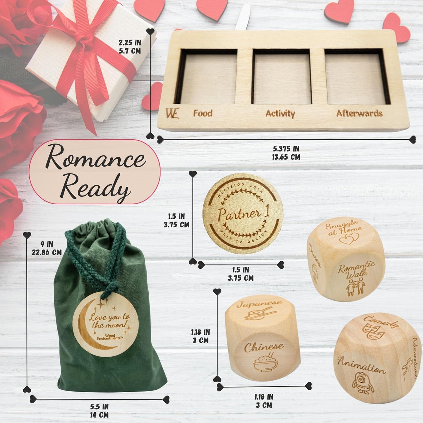 Deluxe Date Night Dice Game – 6 Dice, Decision Coin, Game Board & Carry Bag – Couples Gift for Newlyweds, Anniversary, Wedding, Bachelorette, Bridal Shower, Valentine'S Day – Wife, Husband, Girlfriend