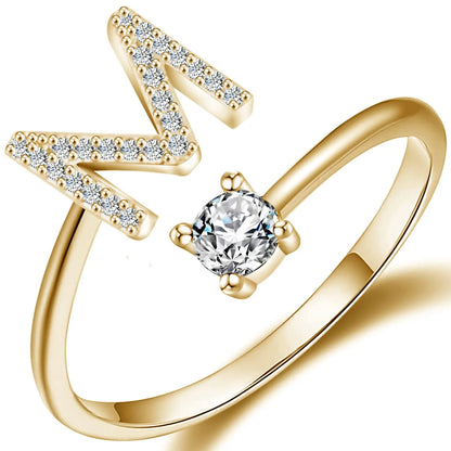 Initial Letter Ring for Women Girls Gold Stackable Alphabet Rings with Initial Adjustable Crystal Inlaid Initial Rings