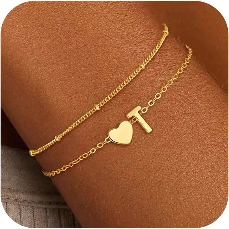 Initial Bracelets for Women Girls Waterproof 18K Gold Plated Stainless Steel Heart Initial Bracelet Trendy Stuff Jewelry Gifts